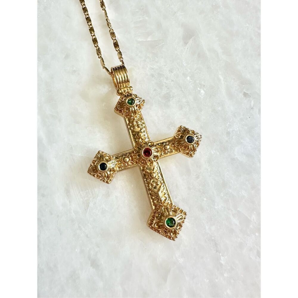 Vintage-Style Gold Ornate Cross Necklace ✨ Regal Baroque Statement Pendant